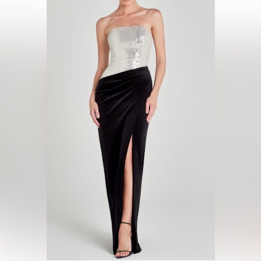 NADINE MERABI Silver Sequin Bodice Black Maxi Dress